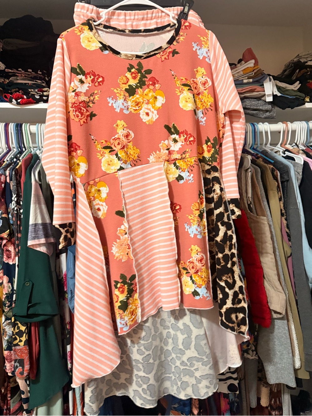 Women’s Asymmetrical Floral & Stripe Dress in Coral